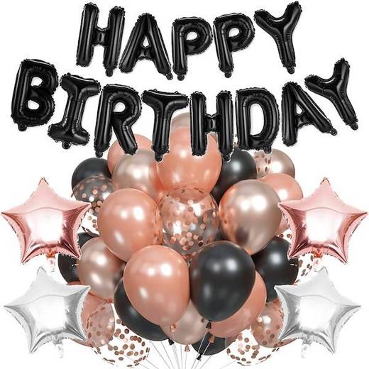 Balony na 18 urodziny zestaw 53 szt. napis happy birthday czarny, rosegold