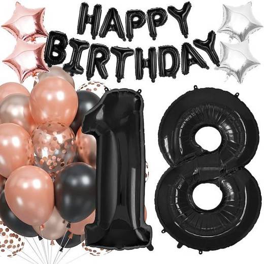 Balony na 18 urodziny zestaw 53 szt. napis happy birthday czarny, rosegold