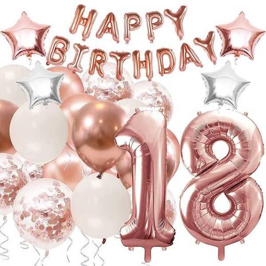 Balony na 18 urodziny zestaw 53 szt. napis happy birthday rosegold