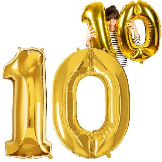Balony na urodziny cyfra 10 foliowe 40 cm złoty