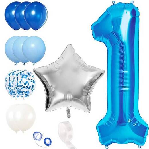 Balony niebieskie i srebrne zestaw na roczek z cyfrą 1 urodziny