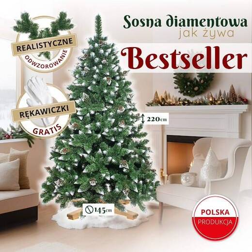 Choinka sztuczna 220 cm Premium Royal Trees sosna diamentowa ośnieżona z szyszkami