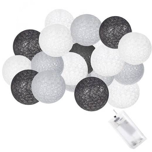 Cotton balls 20 led lampki dekoracyjne 6cm girlanda na baterie szaro-białe