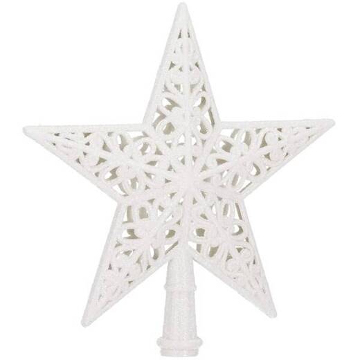 Czubek na choinkę 21 cm szpic, ażurowa gwiazda biała brokatowa