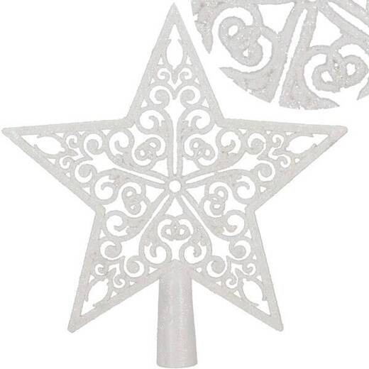 Czubek na choinkę 22 cm szpic, ażurowa gwiazda biała brokatowa
