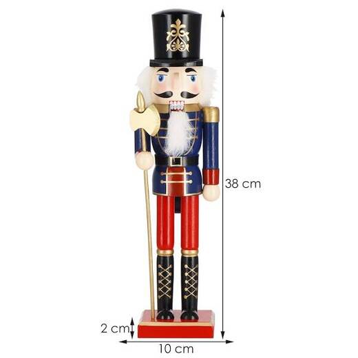 Dziadek do orzechów 38 cm z toporkiem, drewniany żołnierzyk niebiesko-czerwony, figurka świąteczna