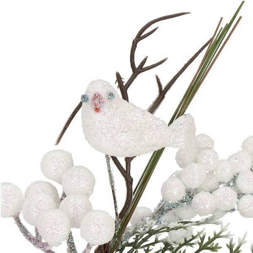 Gałązka świąteczna liść dekoracja z brokatowym ptaszkiem do stroika 25,5 cm