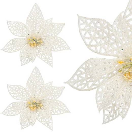 Gwiazda betlejemska 2 szt. sztuczny kwiat, poinsecja ażurowa, biała z brokatem na klipsie
