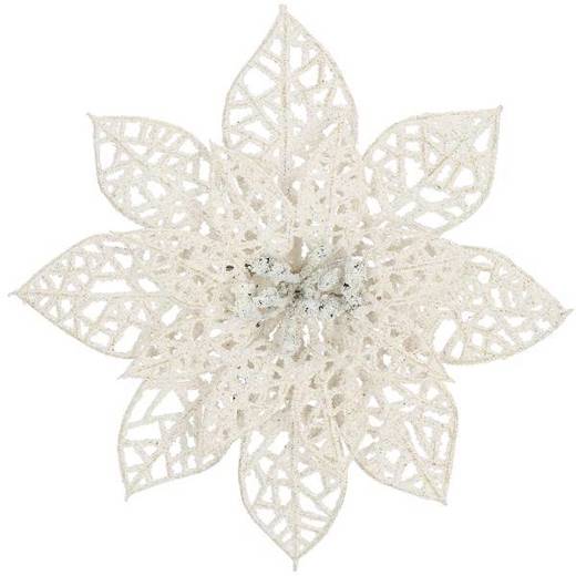 Gwiazda betlejemska 2 szt. sztuczny kwiat, poinsecja ażurowa, biała z brokatem na klipsie