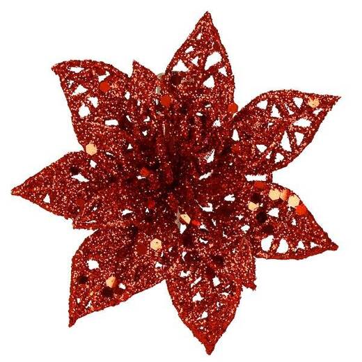 Gwiazda betlejemska 2 szt. sztuczny kwiat, poinsecja ażurowa, czerwona z brokatem na klipsie