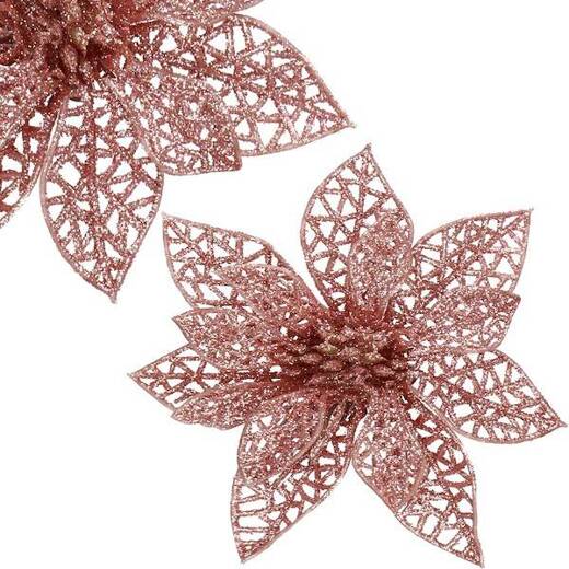 Gwiazda betlejemska 2 szt. sztuczny kwiat, poinsecja ażurowa, różowa z brokatem na klipsie