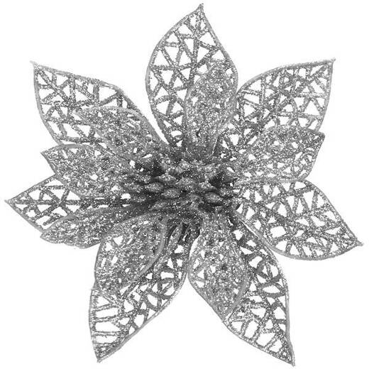 Gwiazda betlejemska 2 szt. sztuczny kwiat, poinsecja ażurowa, srebrna z brokatem na klipsie