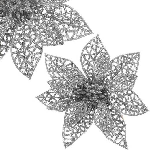 Gwiazda betlejemska 2 szt. sztuczny kwiat, poinsecja ażurowa, srebrna z brokatem na klipsie