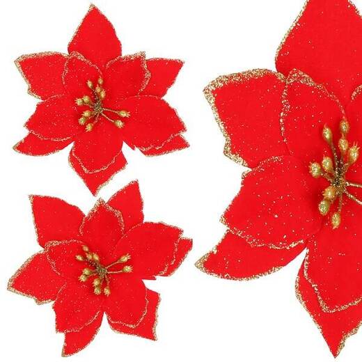 Gwiazda betlejemska 2 szt. sztuczny kwiat poinsecja czerwona z brokatem, na klipsie