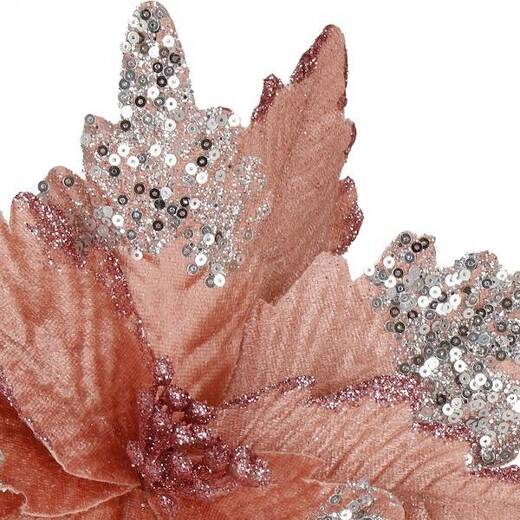 Gwiazda betlejemska, sztuczny kwiat na klipsie poinsecja różowa srebrne cekiny