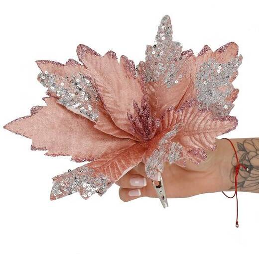 Gwiazda betlejemska, sztuczny kwiat na klipsie poinsecja różowa srebrne cekiny