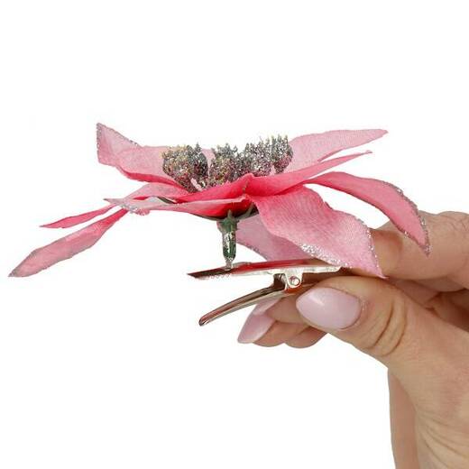Gwiazda betlejemska, sztuczny kwiat na klipsie poinsecja różowa srebrny brokat