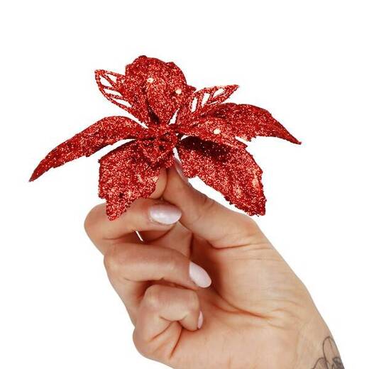 Gwiazda betlejemska, sztuczny kwiat poinsecja 13 cm czerwony z brokatem