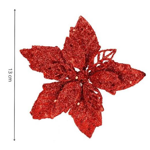 Gwiazda betlejemska, sztuczny kwiat poinsecja 13 cm czerwony z brokatem