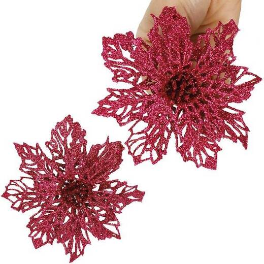 Gwiazda betlejemska, sztuczny kwiat poinsecja 13 cm różowa z brokatem