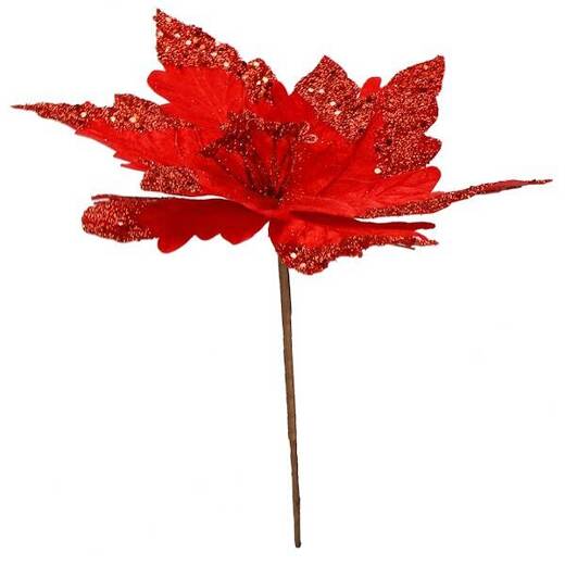 Gwiazda betlejemska, sztuczny kwiat poinsecja 28 cm czerwona z brokatem