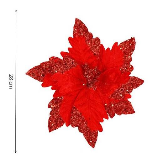 Gwiazda betlejemska, sztuczny kwiat poinsecja 28 cm czerwona z brokatem