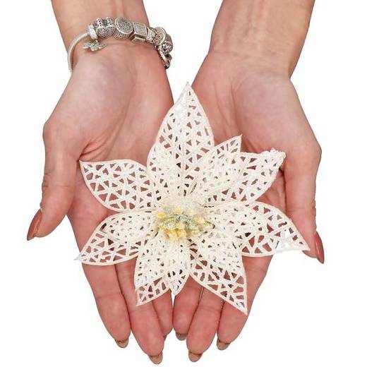 Gwiazda betlejemska, sztuczny kwiat, poinsecja ażurowa, biała z brokatem na klipsie