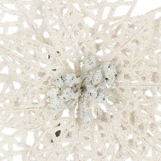 Gwiazda betlejemska, sztuczny kwiat, poinsecja ażurowa, biała z brokatem na klipsie