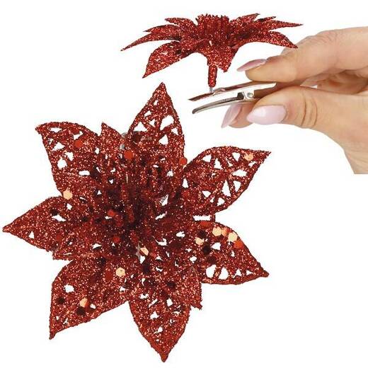 Gwiazda betlejemska, sztuczny kwiat, poinsecja ażurowa, czerwona z brokatem na klipsie