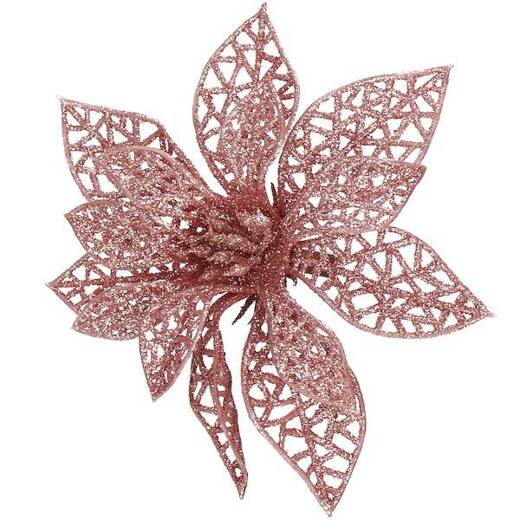 Gwiazda betlejemska, sztuczny kwiat, poinsecja ażurowa, różowa z brokatem na klipsie