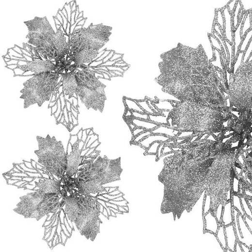 Gwiazda betlejemska, sztuczny kwiat, poinsecja ażurowa srebrna z brokatem