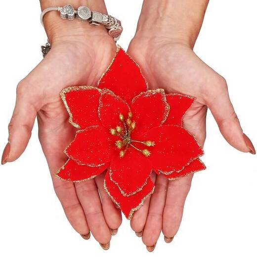 Gwiazda betlejemska, sztuczny kwiat poinsecja czerwona z brokatem, na klipsie