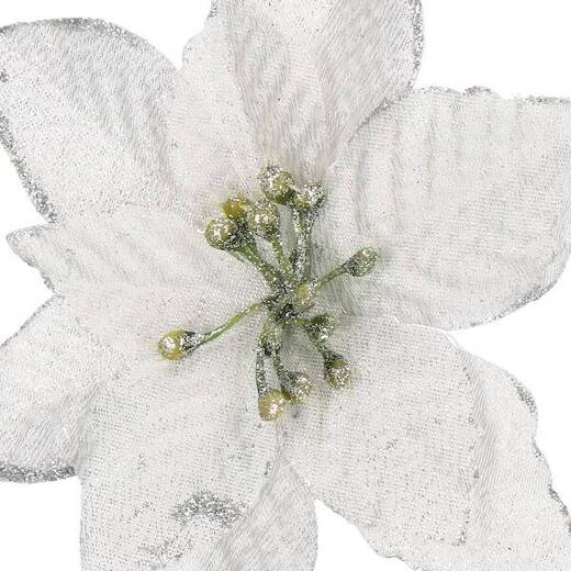 Gwiazda betlejemska, sztuczny kwiat poinsecja srebrna z brokatem, na klipsie