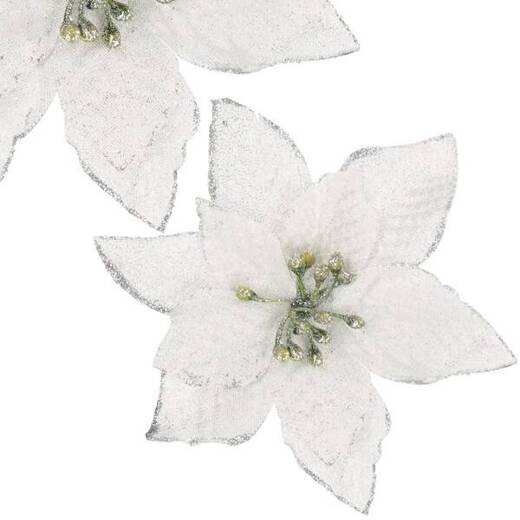 Gwiazda betlejemska, sztuczny kwiat poinsecja srebrna z brokatem, na klipsie