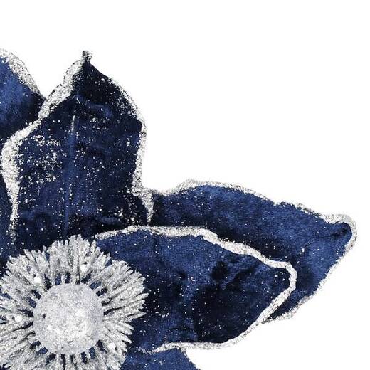 Gwiazda betlejemska z klipsem, sztuczny kwiat poinsecja granatowa ze srebrnym brokatem