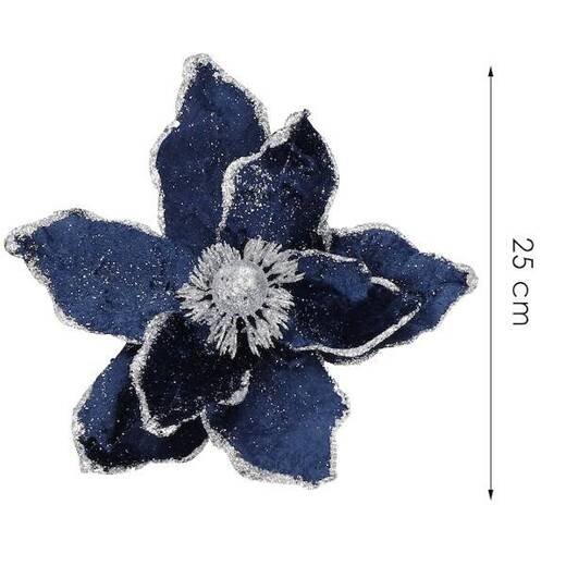 Gwiazda betlejemska z klipsem, sztuczny kwiat poinsecja granatowa ze srebrnym brokatem