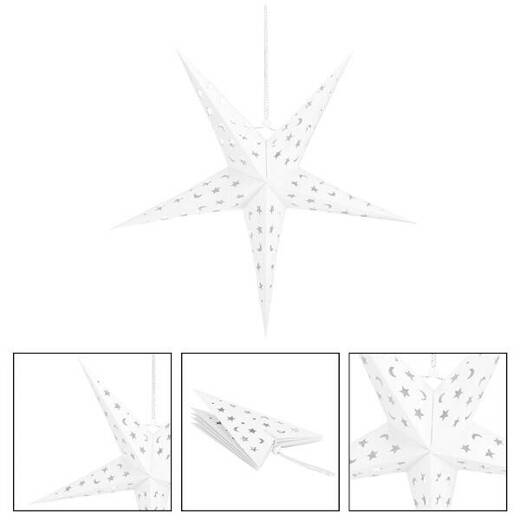 Gwiazda świąteczna papierowa biała 3D i lampki choinkowe led ciepły biały