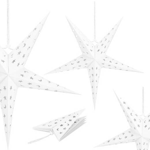 Gwiazda świąteczna papierowa biała 3D i lampki choinkowe led zimny biały