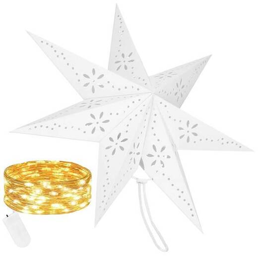 Gwiazda świąteczna papierowa biała i lampki choinkowe led ciepły biały
