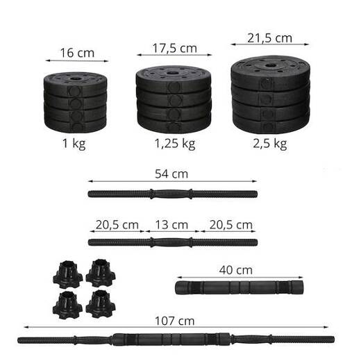 Hantle do ćwiczeń bitumiczne, 20 kg regulowany zestaw: gryf+ kettle