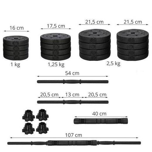 Hantle do ćwiczeń bitumiczne, 30 kg regulowany zestaw: gryf+ obciążenia