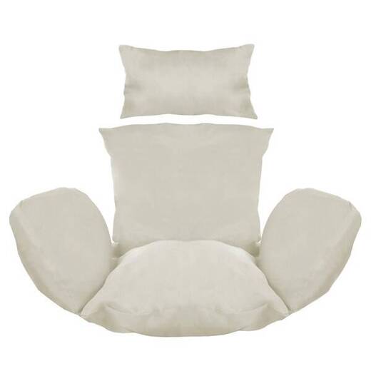 Kokon fotel wiszący ogrodowy bujany biały z szarymi poduszkami