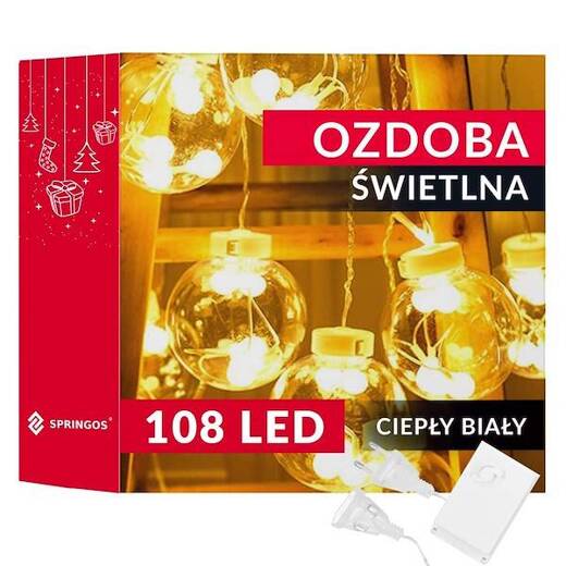 Kurtyna świetlna 108 led girlanda, lampki kulki biały ciepły