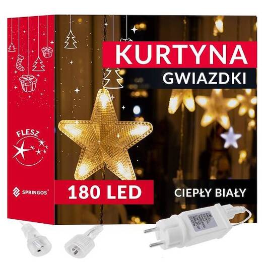 Kurtyna świetlna 180 led girlanda gwiazdki, lampki wewnętrzno-zewnętrzne sople ciepły biały + zimny biały flash