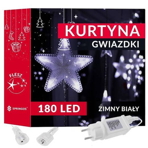 Kurtyna świetlna 180 led girlanda gwiazdki, lampki wewnętrzno-zewnętrzne sople zimny biały + niebieski flash