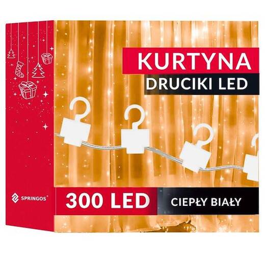 Kurtyna świetlna 300 led girlanda, lampki wewnętrzno-zewnętrzne sople biały ciepły + flash