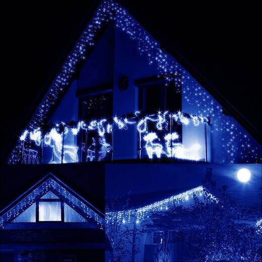 Kurtyna świetlna 300 led girlanda, lampki wewnętrzno-zewnętrzne sople niebieski z zimnym białym flash