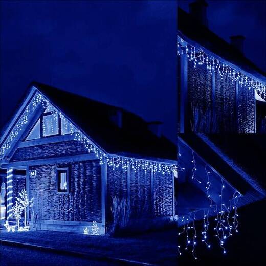 Kurtyna świetlna 300 led girlanda, lampki wewnętrzno-zewnętrzne sople niebieski z zimnym białym flash