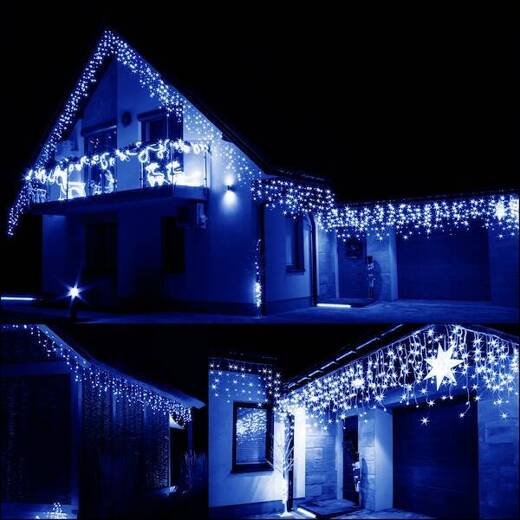 Kurtyna świetlna 500 led girlanda, lampki wewnętrzno-zewnętrzne sople niebieski z zimnym białym flash