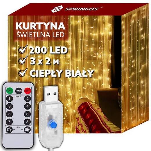 Kurtyna świetlna ciepły biały 200 Led 3x2 m lampki wewnętrzne z programatorem USB